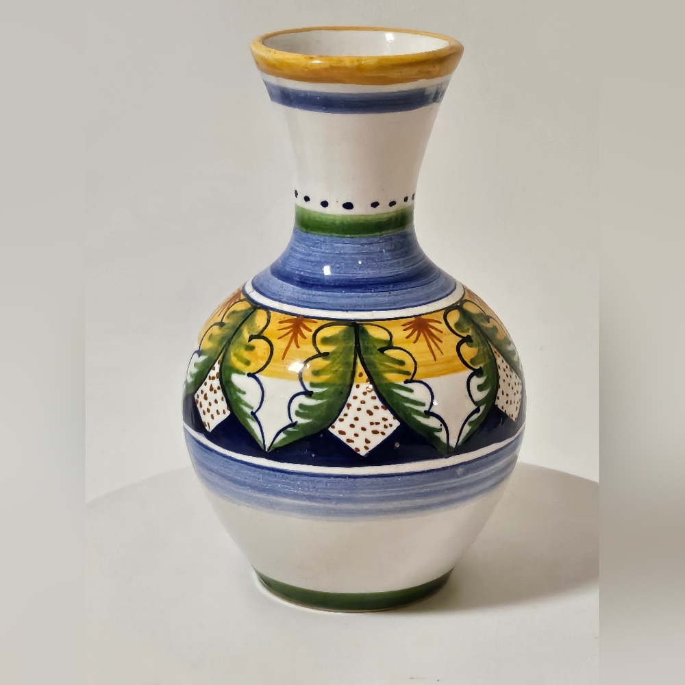 Vintage Ceramic Vase Hand Painted Deruta Italy Small Yellow Blue Green Folk Art